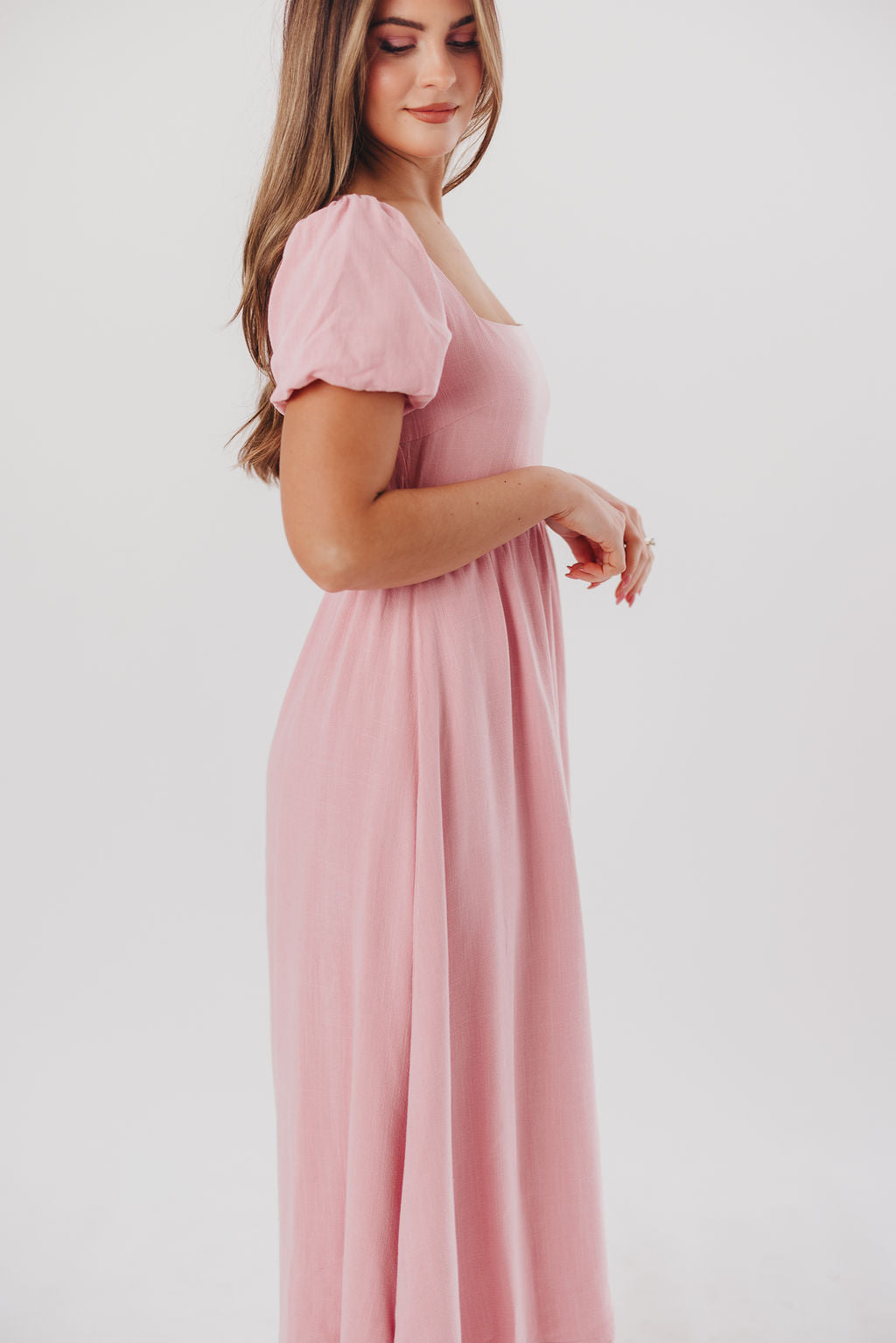 Ainsley Square Neck Midi Dress with Puffed Sleeves in Bright Blush - Bump Friendly & Inclusive Sizing (S-3XL)