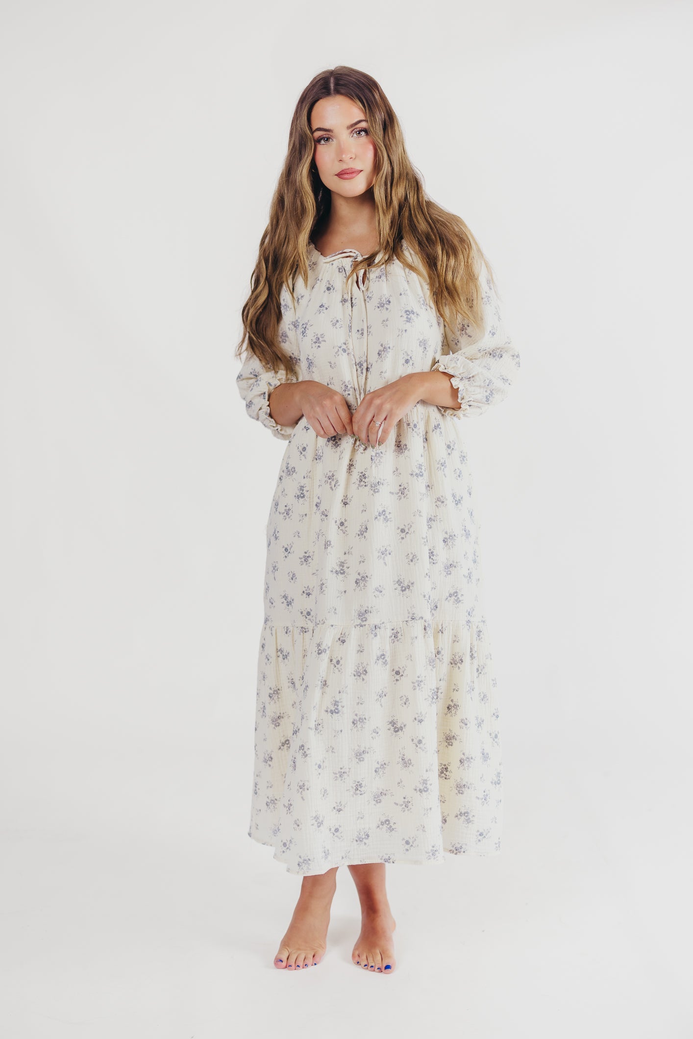 Jenna Tiered Gauze Midi Dress in Ivory Floral - Bump Friendly - Inclusive Sizing (S-3X)