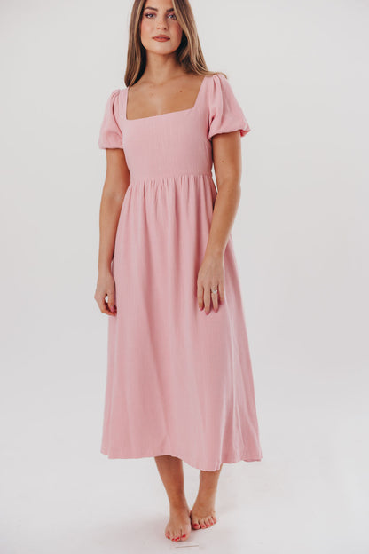 Ainsley Square Neck Midi Dress with Puffed Sleeves in Bright Blush - Bump Friendly & Inclusive Sizing (S-3XL)