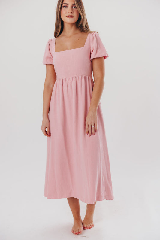 Ainsley Square Neck Midi Dress with Puffed Sleeves in Bright Blush - Bump Friendly & Inclusive Sizing (S-3XL)