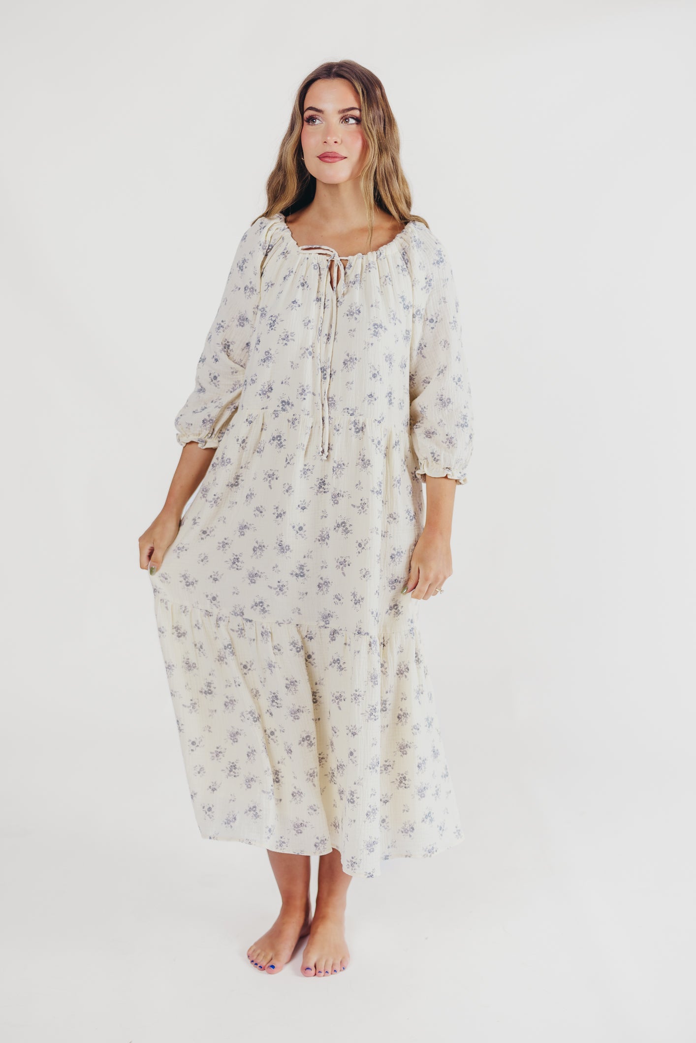 Jenna Tiered Gauze Midi Dress in Ivory Floral - Bump Friendly - Inclusive Sizing (S-3X)