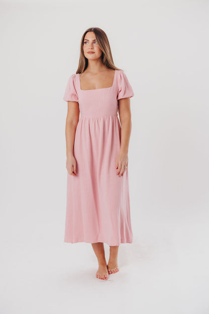 Ainsley Square Neck Midi Dress with Puffed Sleeves in Bright Blush - Bump Friendly & Inclusive Sizing (S-3XL)