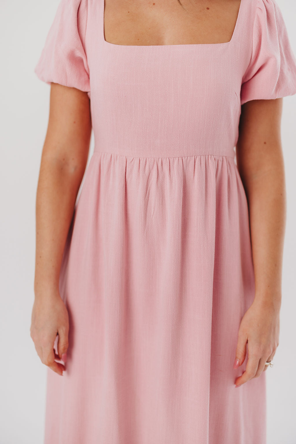 Ainsley Square Neck Midi Dress with Puffed Sleeves in Bright Blush - Bump Friendly & Inclusive Sizing (S-3XL)