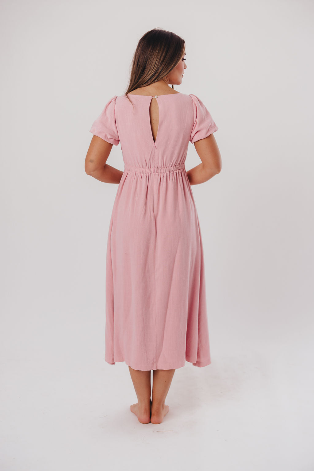 Ainsley Square Neck Midi Dress with Puffed Sleeves in Bright Blush - Bump Friendly & Inclusive Sizing (S-3XL)