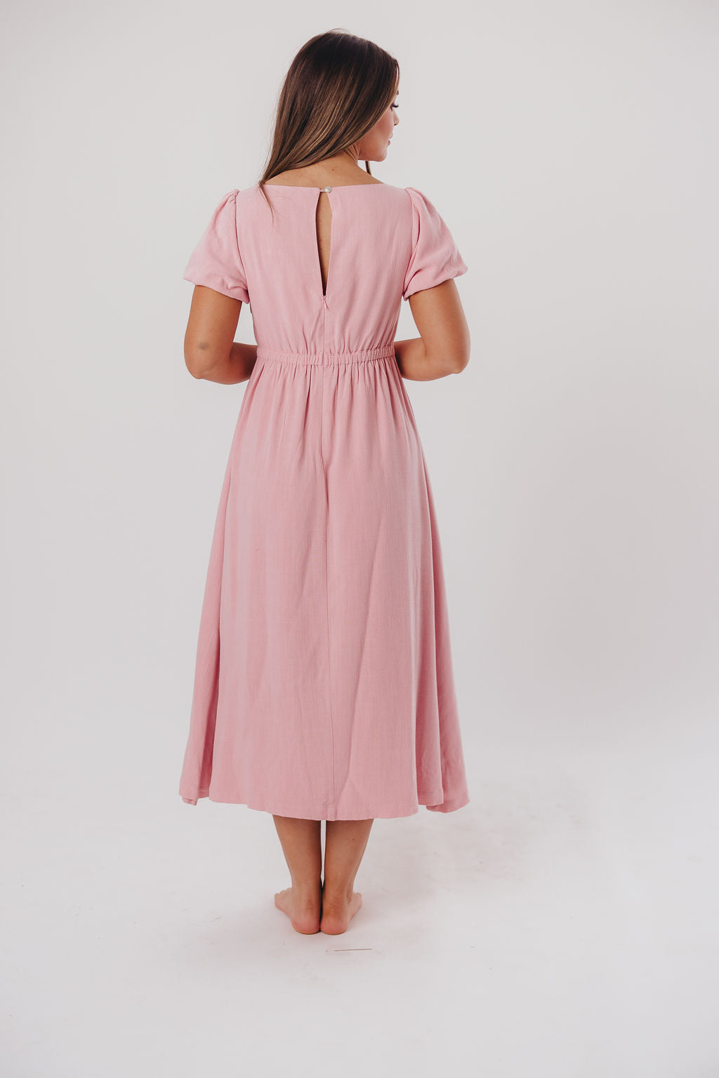 Ainsley Square Neck Midi Dress with Puffed Sleeves in Bright Blush - Bump Friendly & Inclusive Sizing (S-3XL)