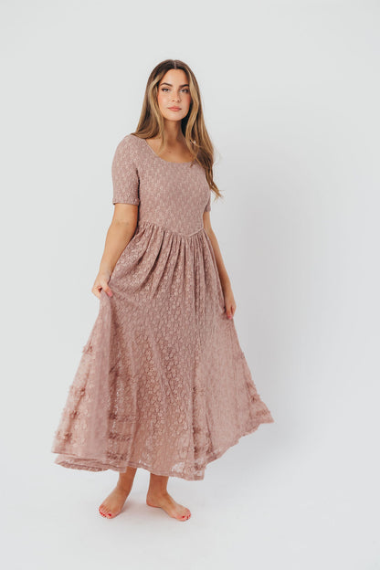 Calliope Dropped Waist Maxi Dress with Smocking & Lace in Mushroom