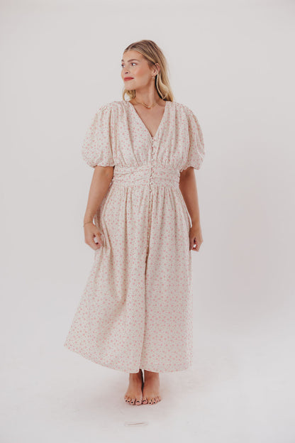 Billie Pleated Maxi Dress in White Pink Floral - Bump Friendly & Inclusive Sizing (S-3XL)