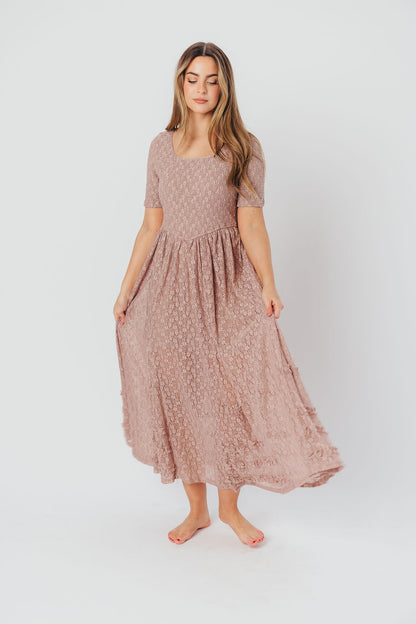 Calliope Dropped Waist Maxi Dress with Smocking & Lace in Mushroom