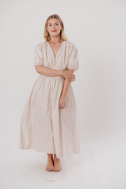 Billie Pleated Maxi Dress in White Pink Floral - Bump Friendly & Inclusive Sizing (S-3XL)