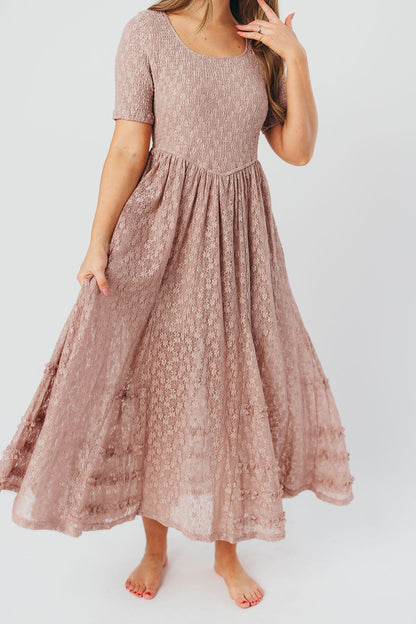 Calliope Dropped Waist Maxi Dress with Smocking & Lace in Mushroom