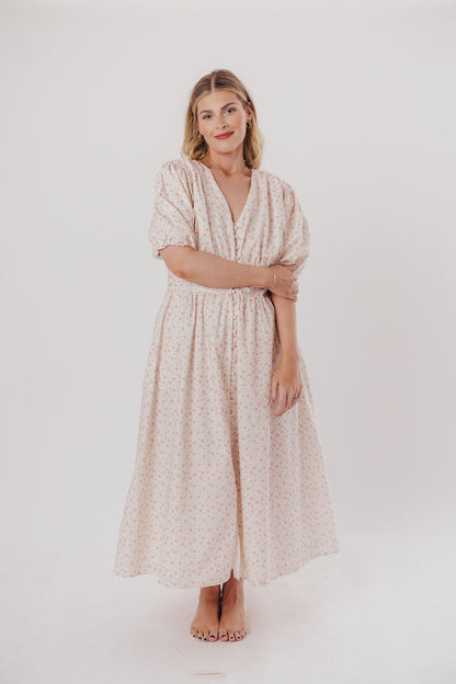 Billie Pleated Maxi Dress in White Pink Floral - Bump Friendly & Inclusive Sizing (S-3XL)