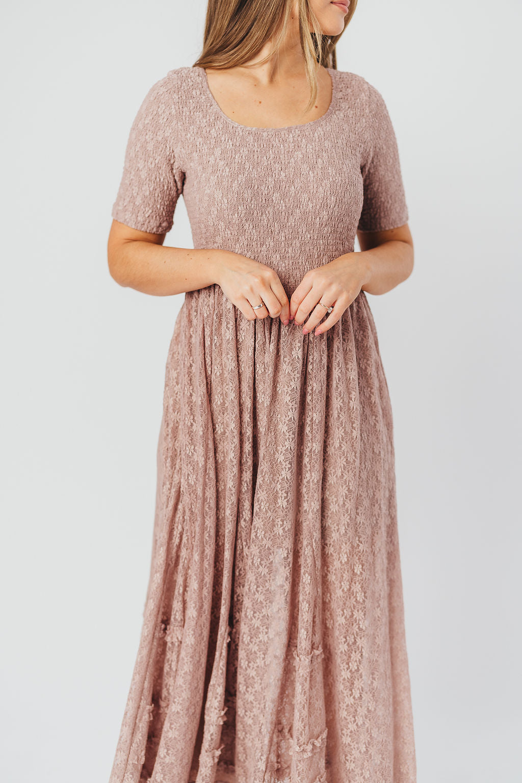 Calliope Dropped Waist Maxi Dress with Smocking & Lace in Mushroom