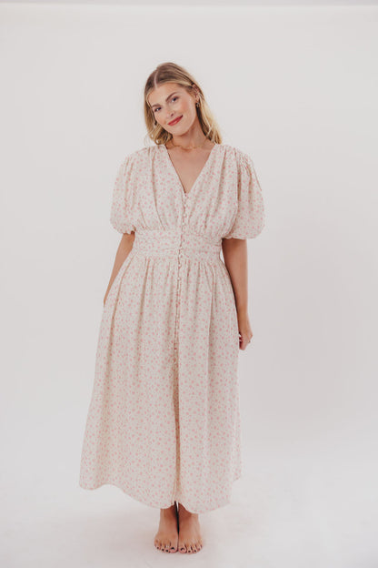 Billie Pleated Maxi Dress in White Pink Floral - Bump Friendly & Inclusive Sizing (S-3XL)