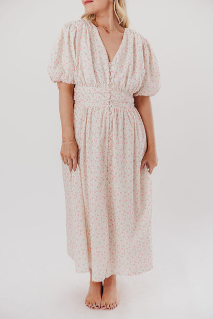 Billie Pleated Maxi Dress in White Pink Floral - Bump Friendly & Inclusive Sizing (S-3XL)