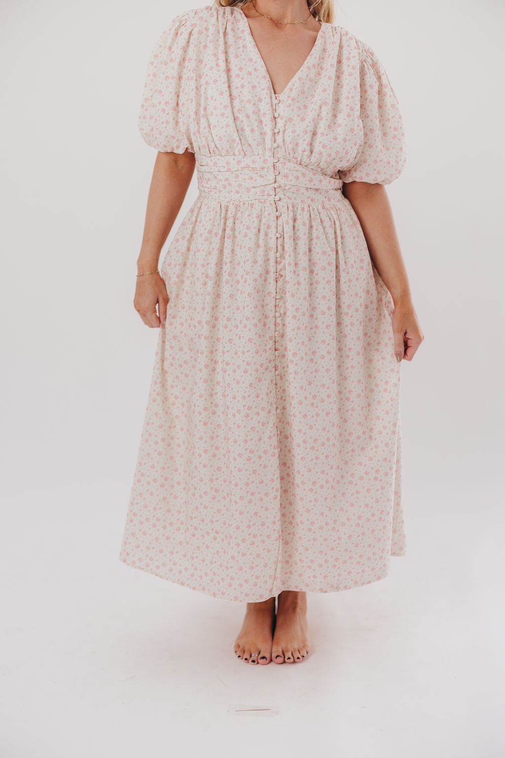 Billie Pleated Maxi Dress in White Pink Floral - Bump Friendly & Inclusive Sizing (S-3XL)