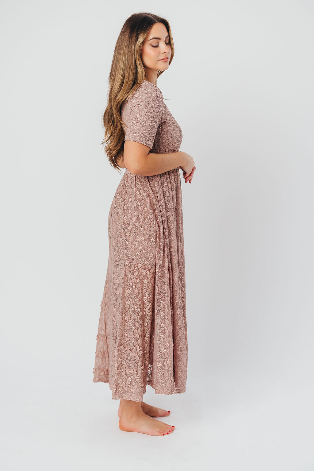 Calliope Dropped Waist Maxi Dress with Smocking & Lace in Mushroom