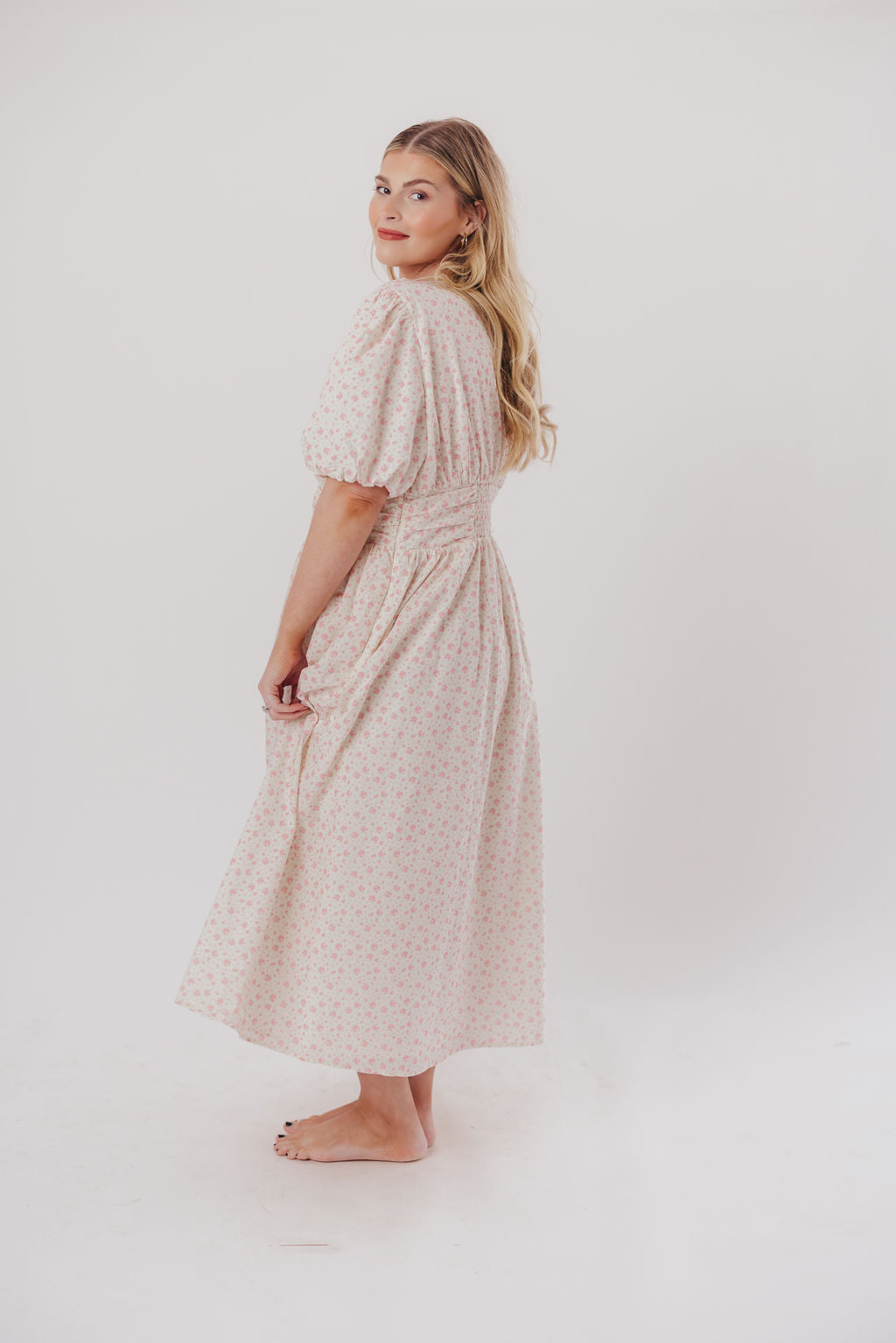 Billie Pleated Maxi Dress in White Pink Floral - Bump Friendly & Inclusive Sizing (S-3XL)