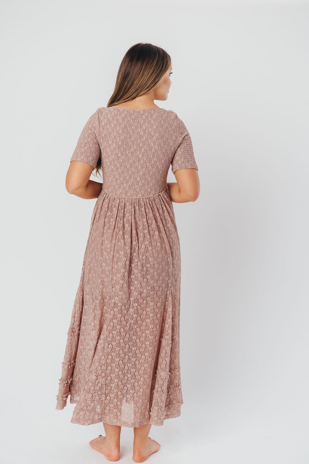 Calliope Dropped Waist Maxi Dress with Smocking & Lace in Mushroom