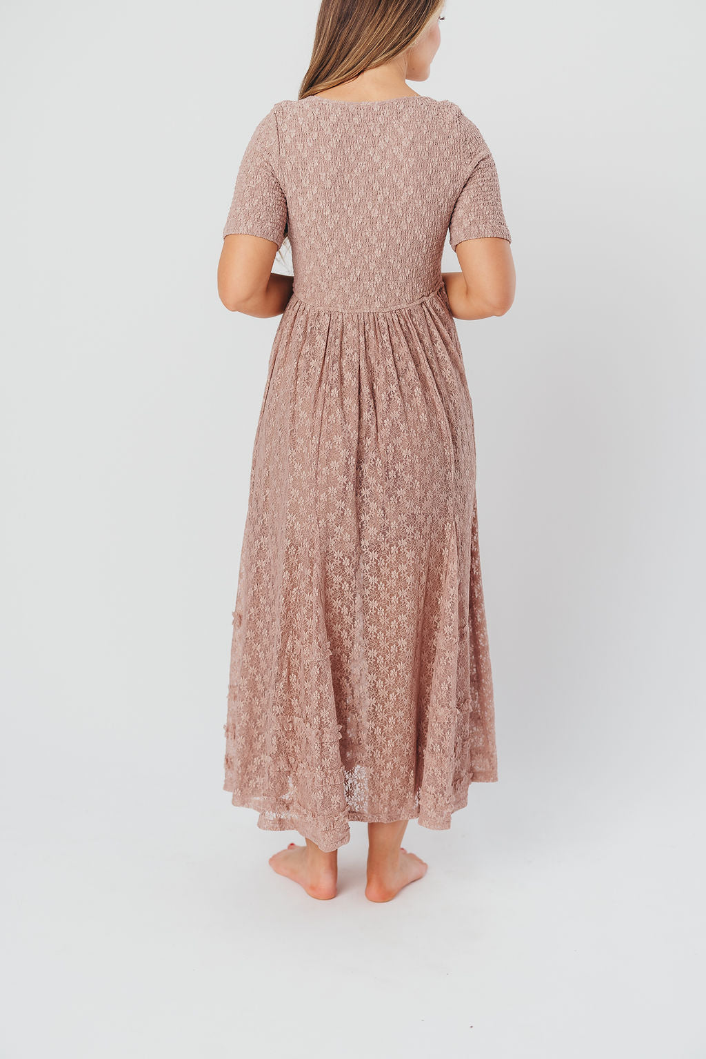 Calliope Dropped Waist Maxi Dress with Smocking & Lace in Mushroom