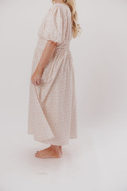 Billie Pleated Maxi Dress in White Pink Floral - Bump Friendly & Inclusive Sizing (S-3XL)