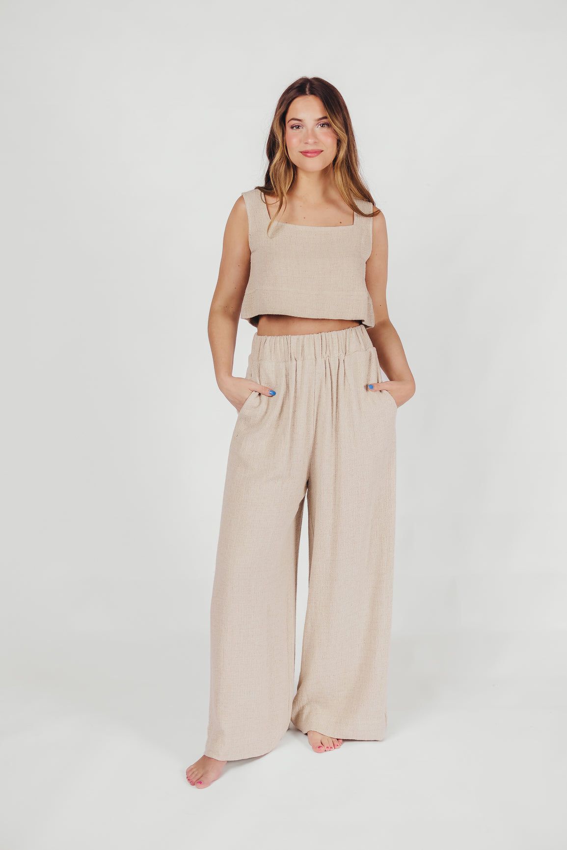 Christy Linen-Blend Sleeveless Cropped Top in Sand