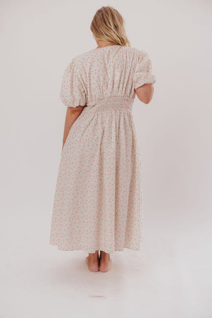 Billie Pleated Maxi Dress in White Pink Floral - Bump Friendly & Inclusive Sizing (S-3XL)