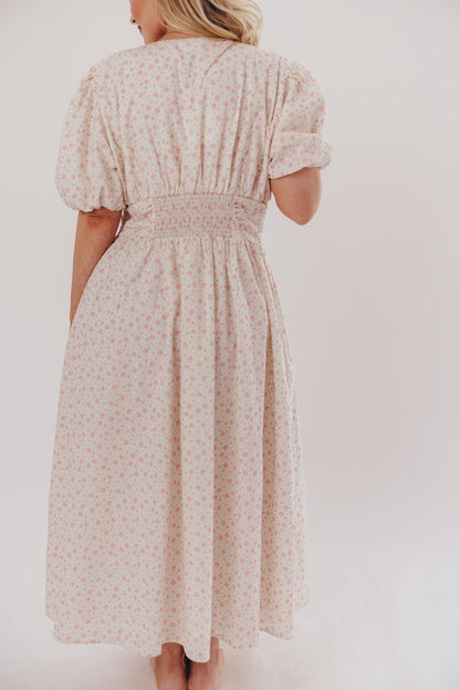 Billie Pleated Maxi Dress in White Pink Floral - Bump Friendly & Inclusive Sizing (S-3XL)