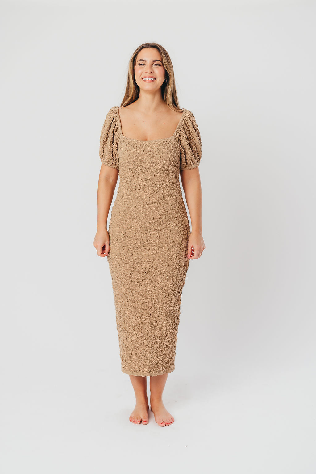 Blakeley Textured Midi Dress in Taupe - Bump Friendly (S-XL)