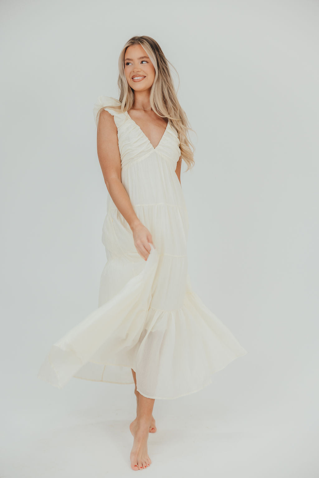 Katy Pleated Bodice Midi Dress in Cream - Restocking End of July