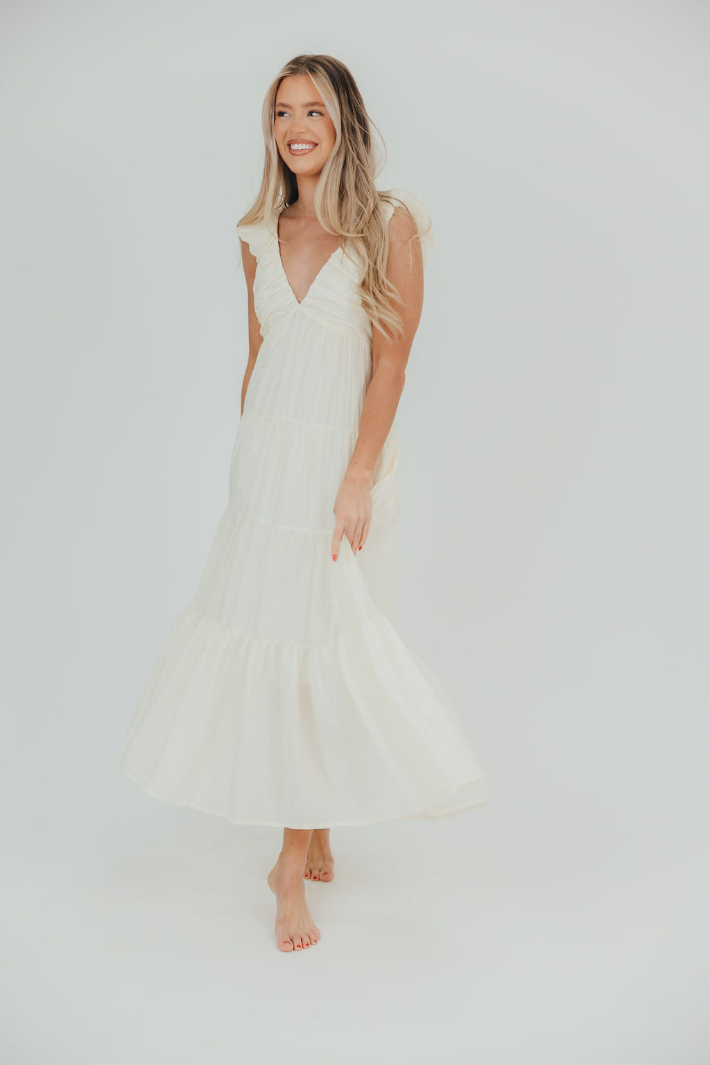 Katy Pleated Bodice Midi Dress in Cream - Restocking End of July