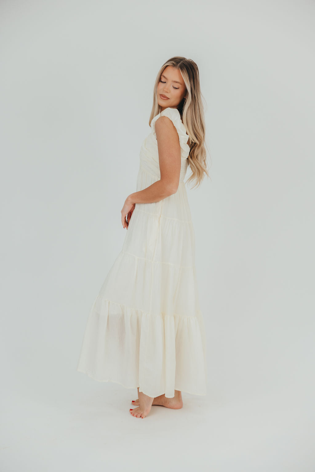 Katy Pleated Bodice Midi Dress in Cream - Restocking End of July