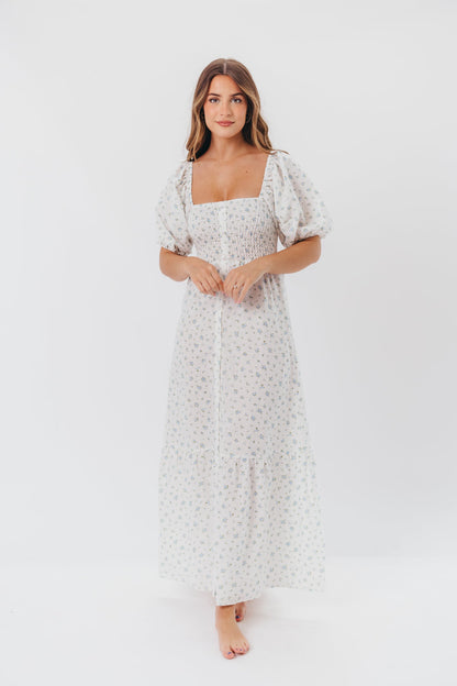 Daisy Maxi Dress in White/Blue Floral