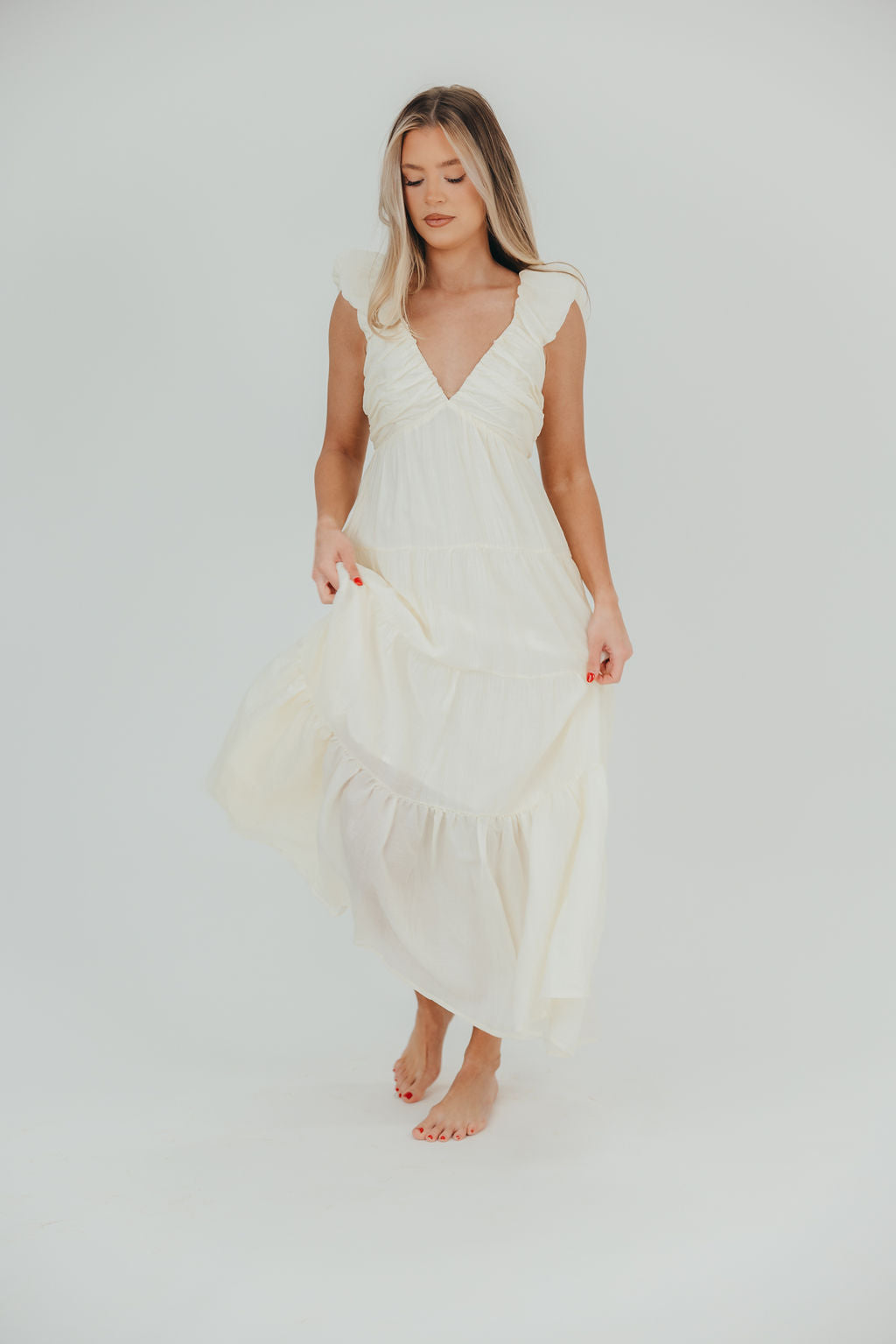 Katy Pleated Bodice Midi Dress in Cream - Restocking End of July