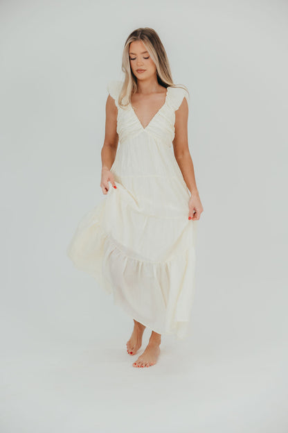 Katy Pleated Bodice Midi Dress in Cream - Restocking End of July