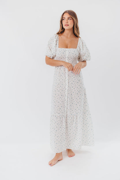 Daisy Maxi Dress in White/Blue Floral