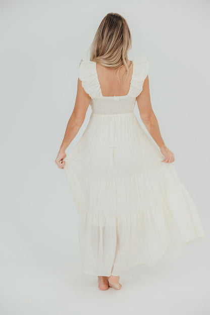 Katy Pleated Bodice Midi Dress in Cream - Restocking End of July