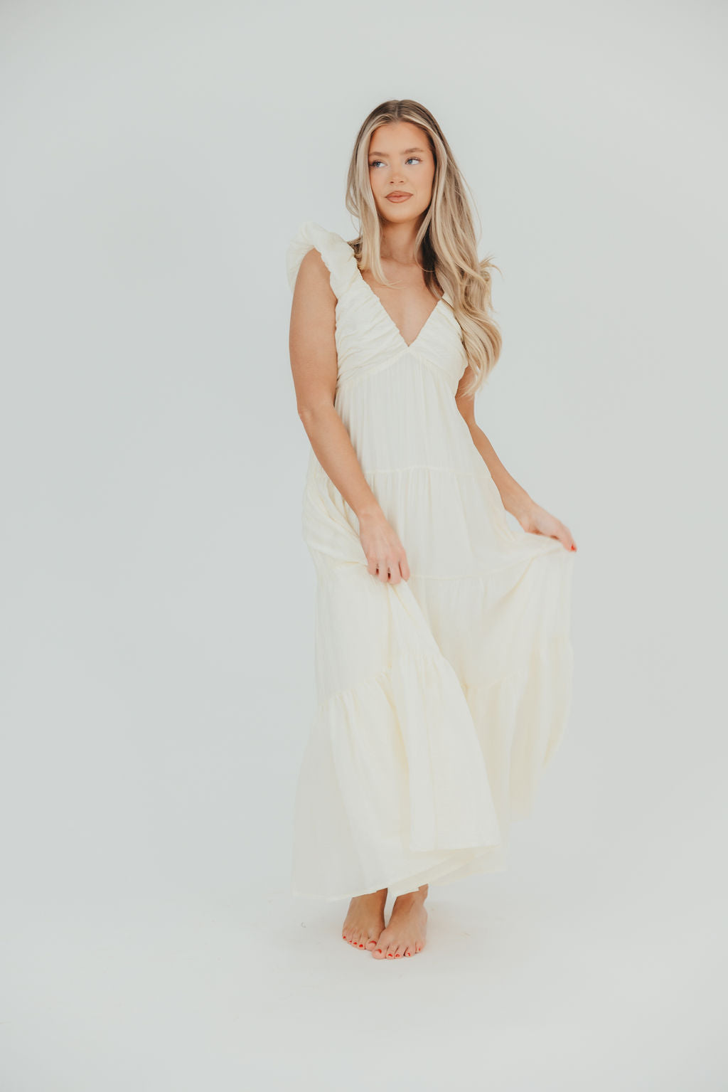 Katy Pleated Bodice Midi Dress in Cream - Restocking End of July