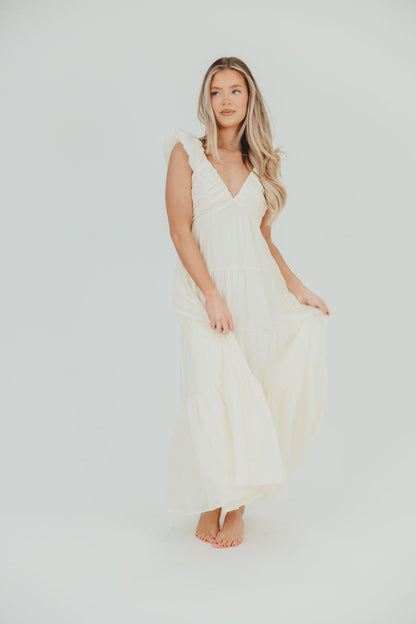 Katy Pleated Bodice Midi Dress in Cream - Restocking End of July