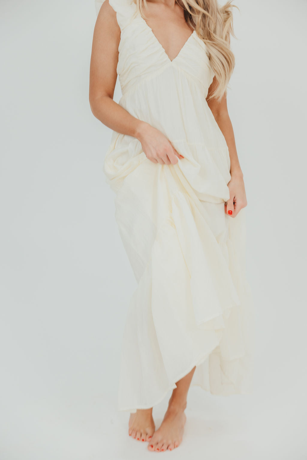 Katy Pleated Bodice Midi Dress in Cream - Restocking End of July