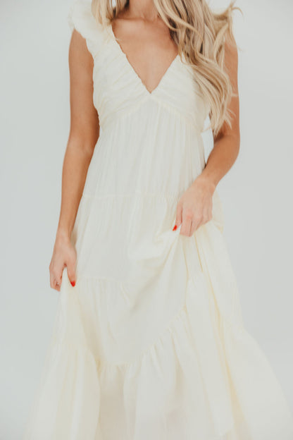 Katy Pleated Bodice Midi Dress in Cream - Restocking End of July