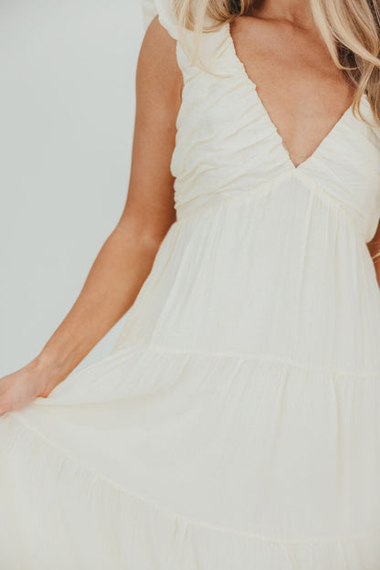 Katy Pleated Bodice Midi Dress in Cream - Restocking End of July