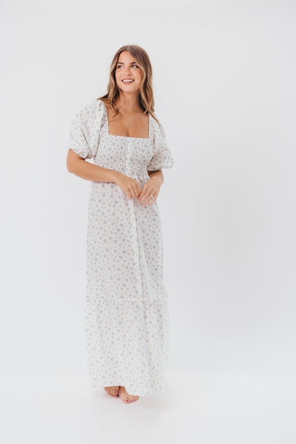 Daisy Maxi Dress in White/Blue Floral