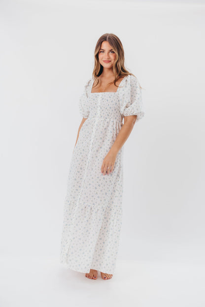 Daisy Maxi Dress in White/Blue Floral