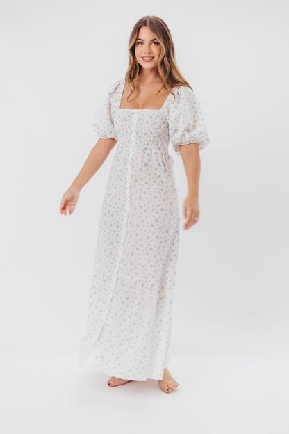 Daisy Maxi Dress in White/Blue Floral