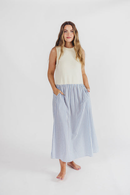 Hannah Combination Midi Dress in Ivory/Blue