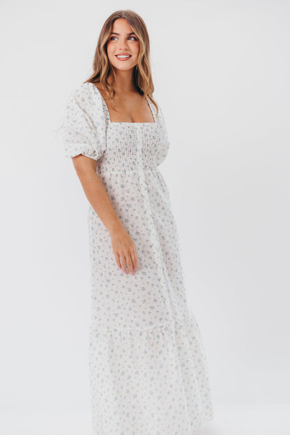 Daisy Maxi Dress in White/Blue Floral