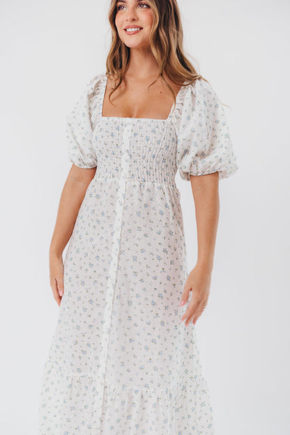 Daisy Maxi Dress in White/Blue Floral