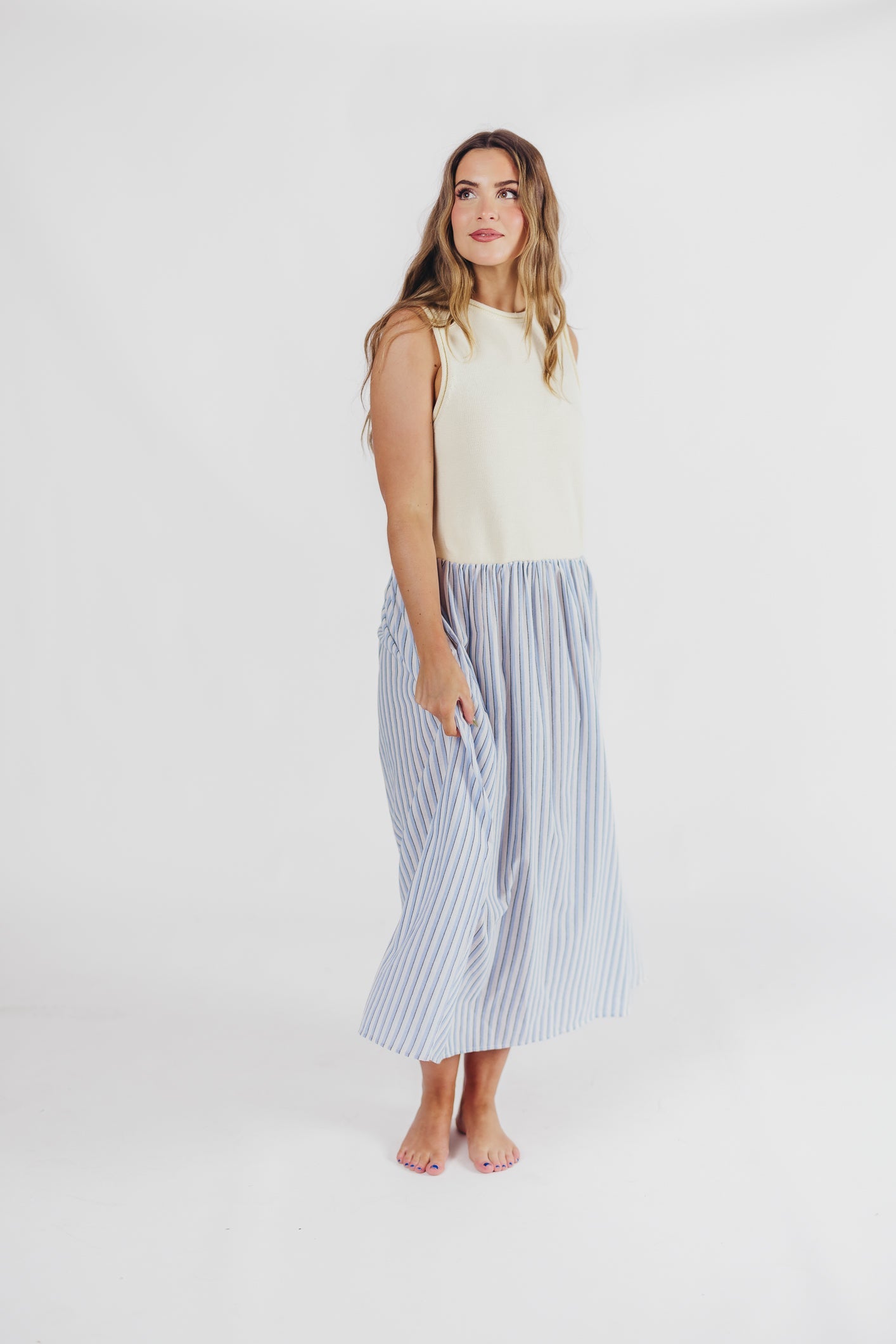 Hannah Combination Midi Dress in Ivory/Blue