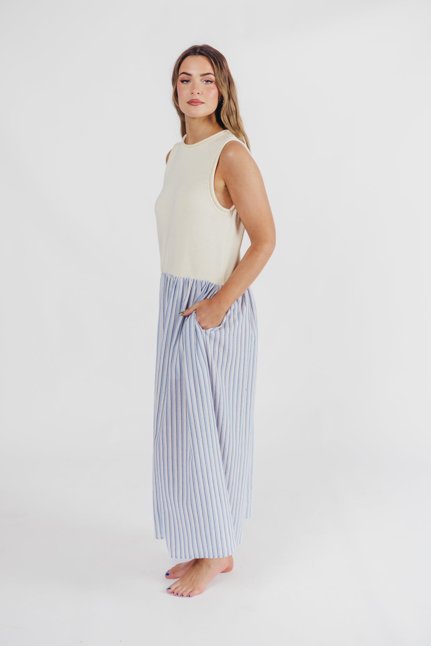 Hannah Combination Midi Dress in Ivory/Blue