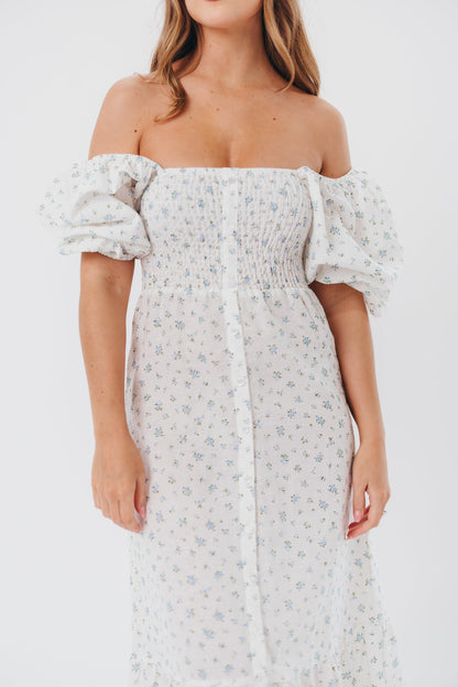 Daisy Maxi Dress in White/Blue Floral